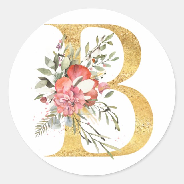 Gold letter B with flowers Classic Round Sticker (Front)