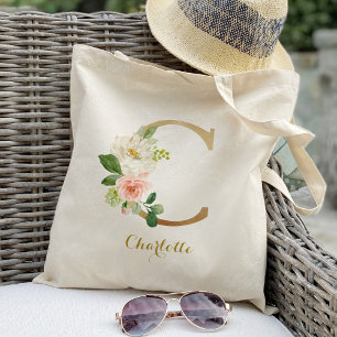 Gold Letter C and Blush Floral Personalised Tote Bag