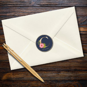 Gold Letter C Elegant Navy Floral Monogram Classic Round Sticker