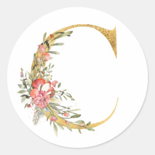 Gold letter C with flowers Classic Round Sticker