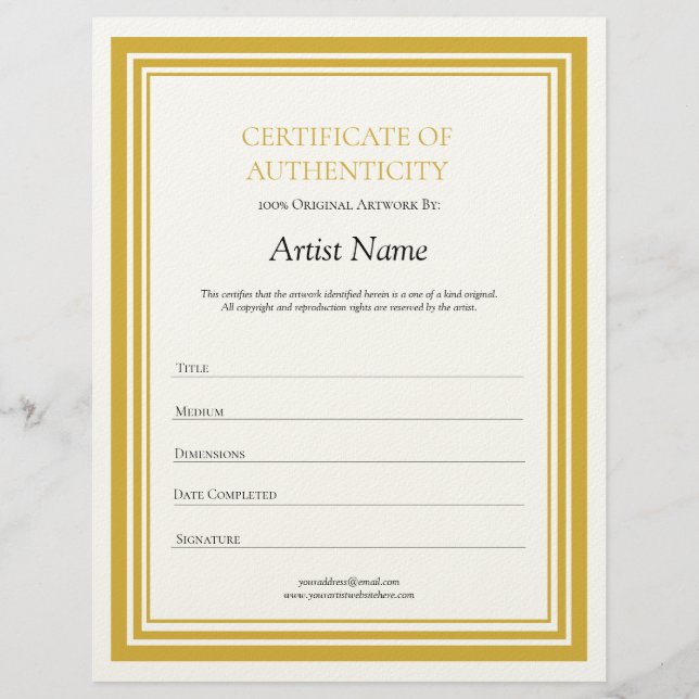 Gold Letter Certificate of Authenticity Template  Custom Letterhead (Front)