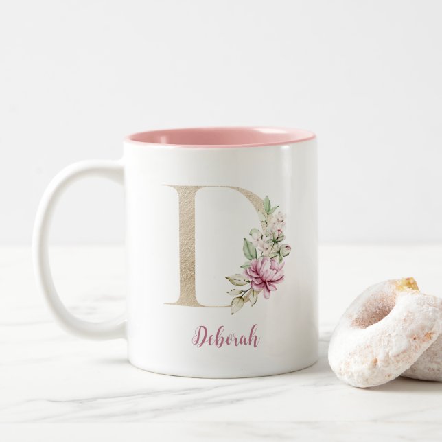 Gold Letter D, Monogram D, Pink Floral Gift Her  Two-Tone Coffee Mug (With Donut)