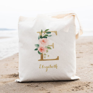 Gold Letter E and Blush Floral Personalised Tote Bag