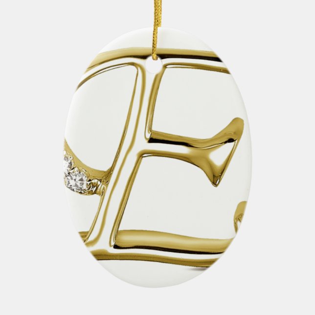GOLD LETTER " E "WITH DIAMONDS CERAMIC TREE DECORATION (Front)