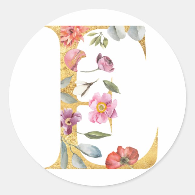 Gold letter E with flowers Classic Round Sticker (Front)