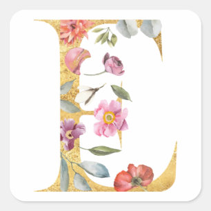 Gold letter E with flowers Square Sticker