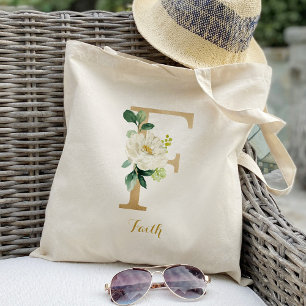 Gold Letter F and Blush Floral Personalised Tote Bag
