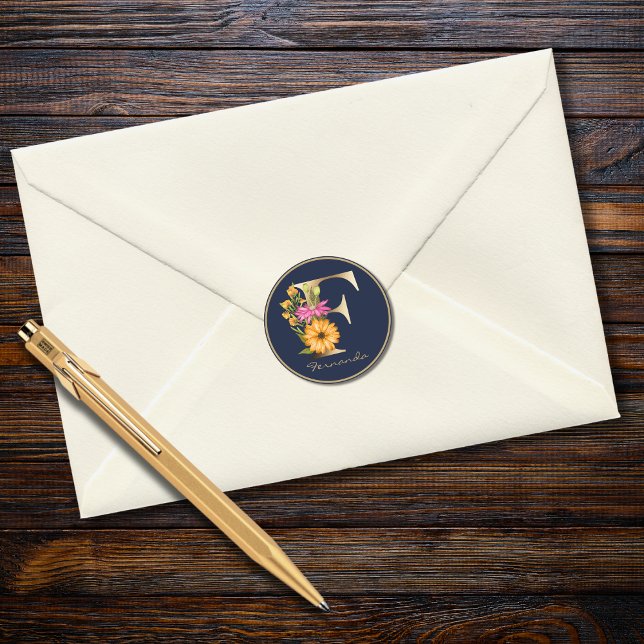 Gold Letter F Elegant Navy Floral Monogram Classic Round Sticker (Creator Uploaded)