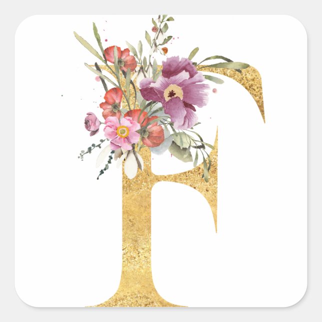 Gold letter F with flowers Square Sticker (Front)