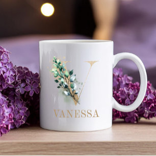 Gold Letter Floral Monogram V Coffee Mug
