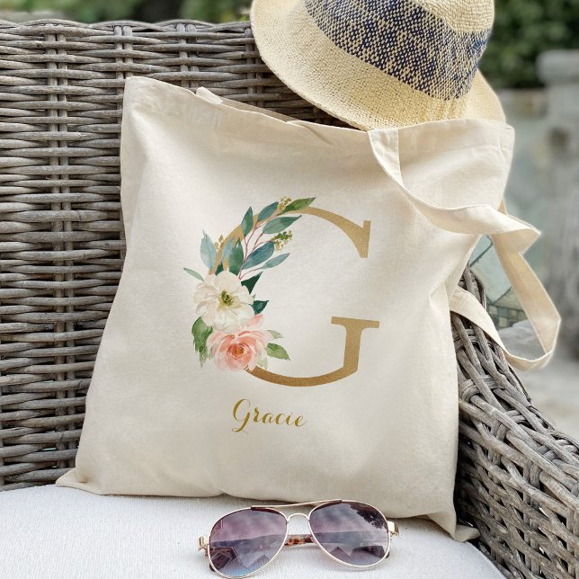 Gold Letter G and Blush Floral Personalized Tote Bag (Creator Uploaded)