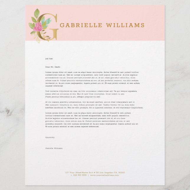Gold letter G floral monogram Custom Letterhead (Front)
