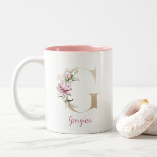 Gold Letter G, Monogram G, Pink Floral Gift Her Two-Tone Coffee Mug