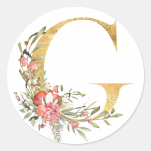 Gold letter G with flowers Classic Round Sticker
