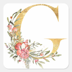 Gold letter G with flowers Square Sticker