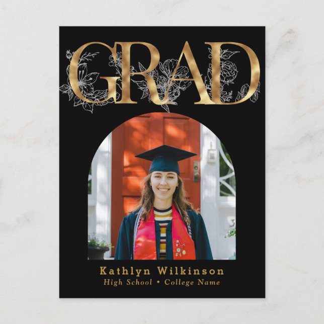 Gold Letter GRAD Floral Photo Grad Invitation Postcard (Front)