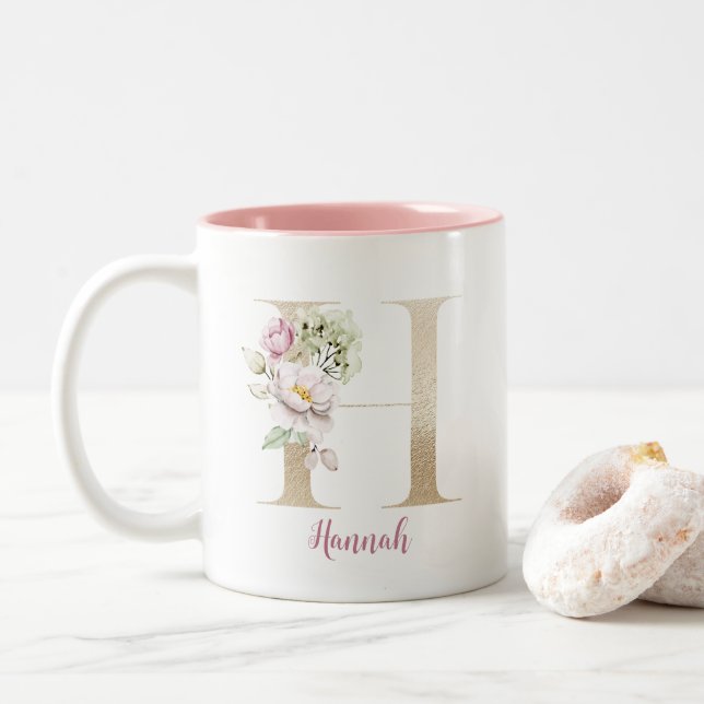 Gold Letter H, Monogram H, Pink Floral Gift Her Two-Tone Coffee Mug (With Donut)