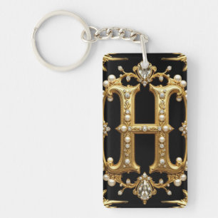 Gold Letter H Monogram With Diamonds and Pearls Key Ring