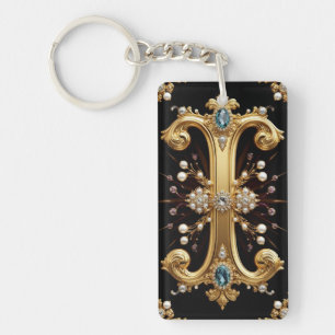 Gold Letter I Monogram With Diamonds and Pearls Key Ring