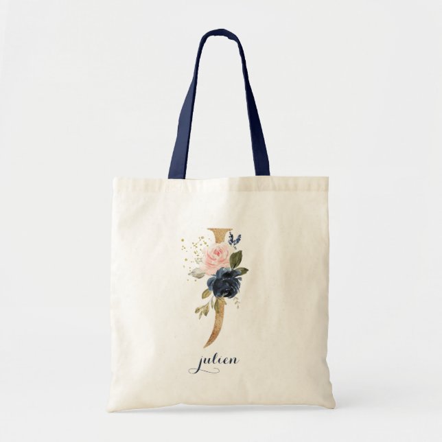 Gold Letter J and Blush Floral Personalised chic Tote Bag (Front)