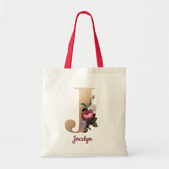 Gold Letter J and Blush Floral Personalised chic Tote Bag (Front)