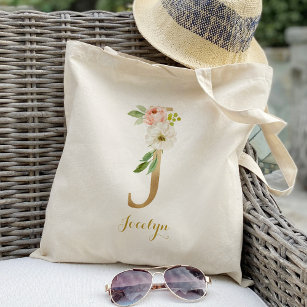 Gold Letter J and Blush Floral Personalised Tote Bag