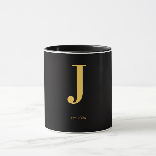 Gold Letter J Black Mug | Minimalist Monogram Mug (Center)