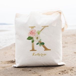 Gold Letter K and Blush Floral Personalised Tote Bag