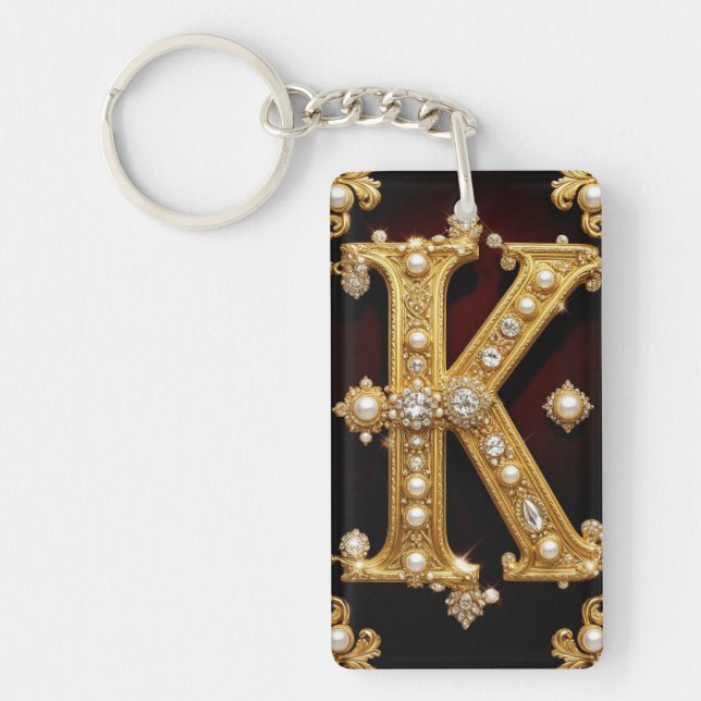 Gold Letter K Monogram With Diamonds and Pearls Key Ring (Front)