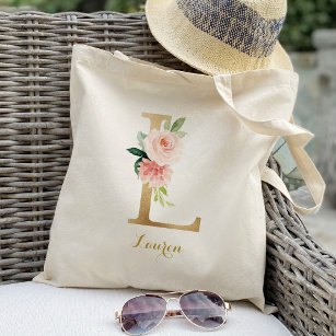 Gold Letter L and Blush Floral Personalised Tote Bag