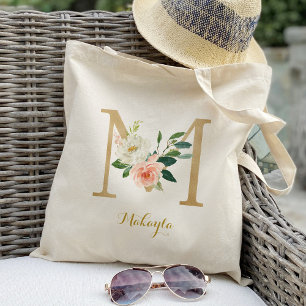 Gold Letter M and Blush Floral Personalised Tote Bag