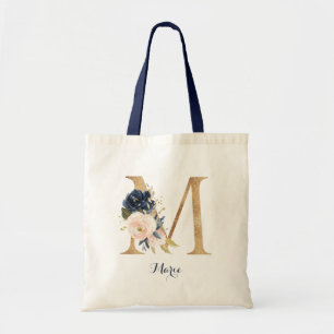 Gold Letter M and Blush Floral Personalised Tote Bag
