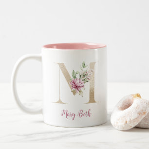 Gold Letter M, Monogram M, Pink Floral Gift Her Two-Tone Coffee Mug
