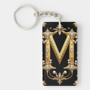 Gold Letter M Monogram With Diamonds and Pearls Key Ring