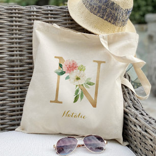 Gold Letter N and Blush Floral Personalised Tote Bag