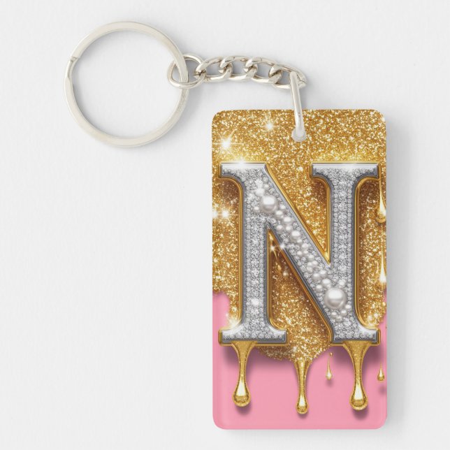 Gold Letter N Initial Diamond Pink Background Gift Key Ring (Front)
