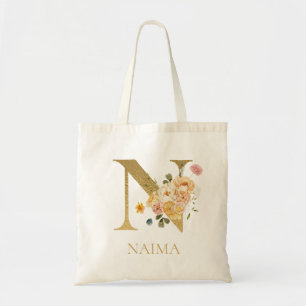 Gold Letter N Monogram Floral Watercolor Tote Bag