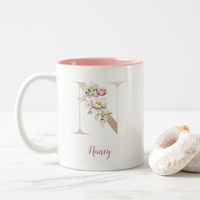 Gold Letter N , Monogram N, Pink Floral Gift Her  Two-Tone Coffee Mug (With Donut)