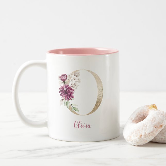 Gold Letter O  , Monogram O, Pink Floral Gift Her  Two-Tone Coffee Mug (With Donut)