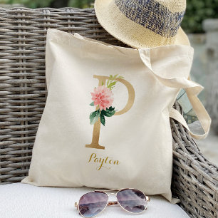 Gold Letter P and Blush Floral Personalised Tote Bag