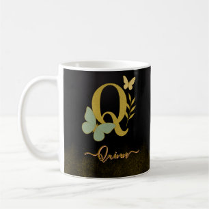 Gold Letter Q Butterfly Mug Design