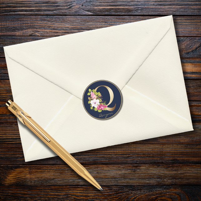 Gold Letter Q Elegant Navy Floral Monogram Classic Round Sticker (Creator Uploaded)