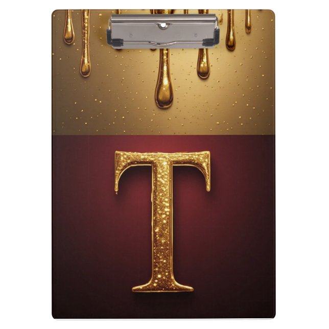 Gold Letter T Monogram With Dripping Metall Clipboard (Front)