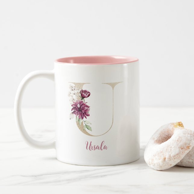 Gold Letter U, Monogram U, Pink Floral Gift Her  Two-Tone Coffee Mug (With Donut)
