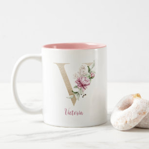 Gold Letter V, Monogram v, Pink Floral Gift Her Two-Tone Coffee Mug