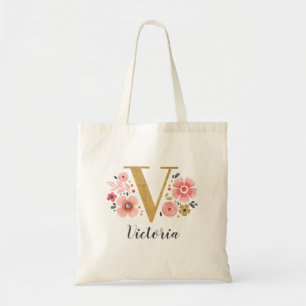Gold Letter V Pink Floral Monogram Tote Bag
