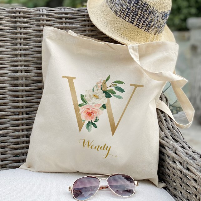 Gold Letter W and Blush Floral Personalised Tote Bag (Creator Uploaded)