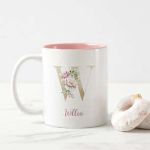 Gold Letter W , Monogram W, Pink Floral Gift Her Two-Tone Coffee Mug