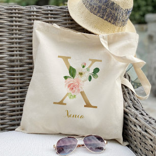 Gold Letter X and Blush Floral Personalised Tote Bag
