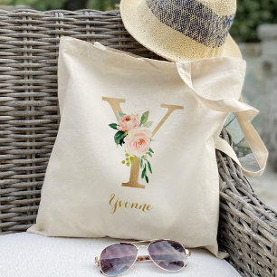 Gold Letter Y and Blush Floral Personalised Tote Bag